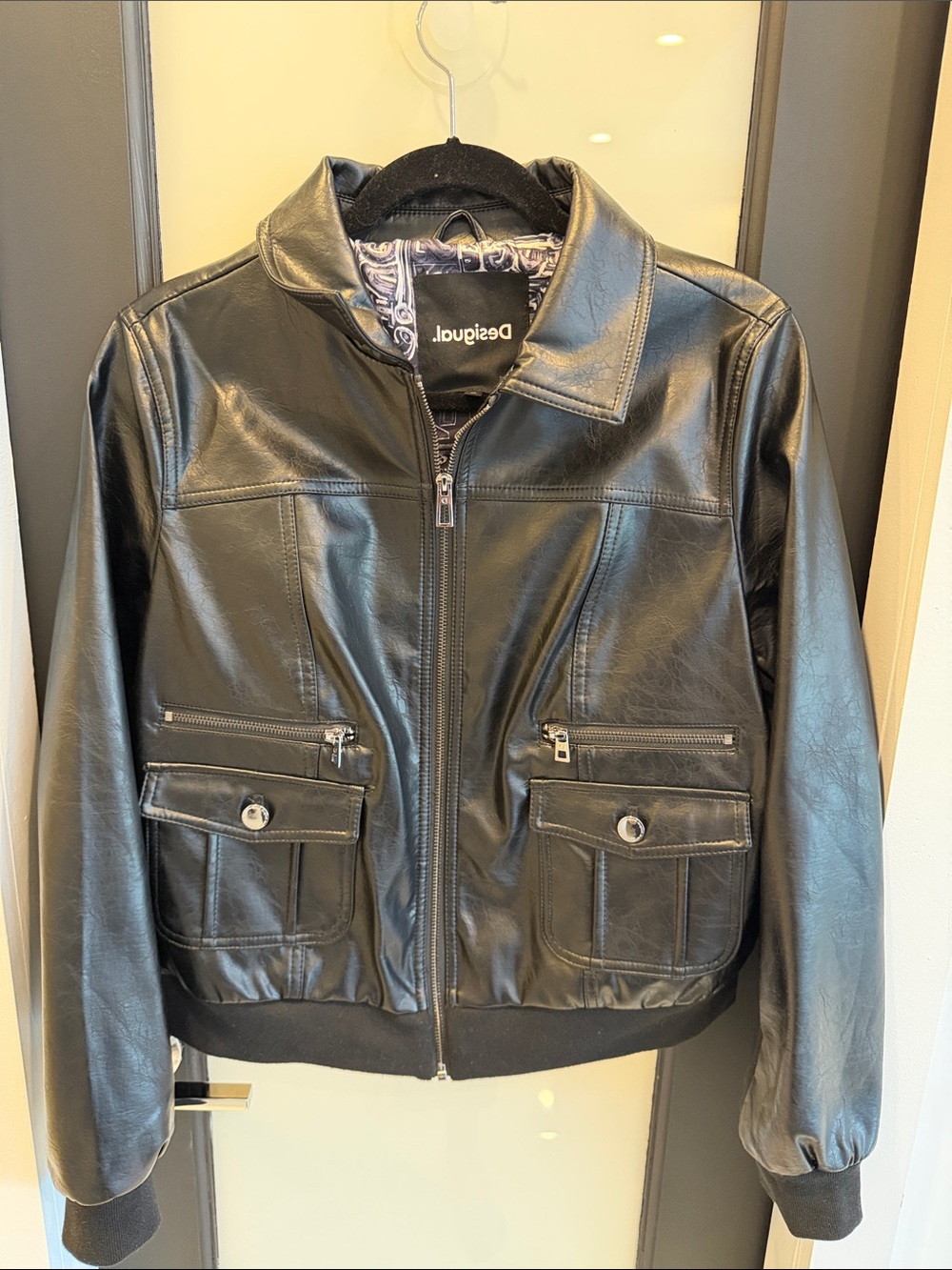 Desigual Black Faux Leather Bomber Jacket with Front Pockets